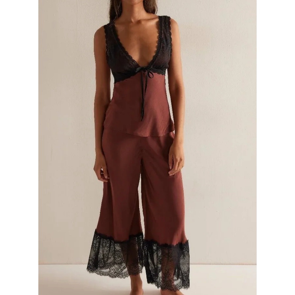 free people made for this pajama set mink brown + black lace, women size small